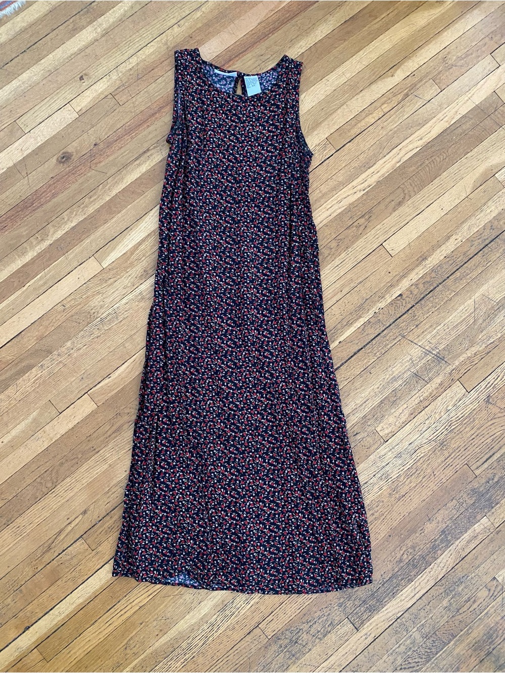 Sleeveless Black Maxi Dress with Red Floral Print